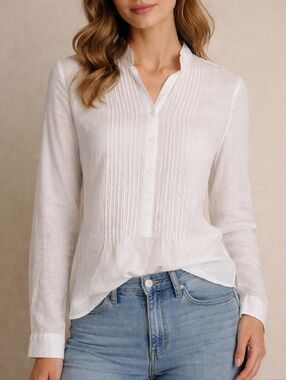 Gorsuch White Linen Pintuck Blouse Top Long Sleeve Boho Minimalist Medium Resort